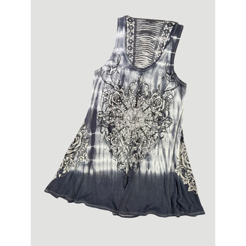 Vocal Made In USA Grey Tie Dye Floral Rhinestone Crochet Back Tunic Tank Medium